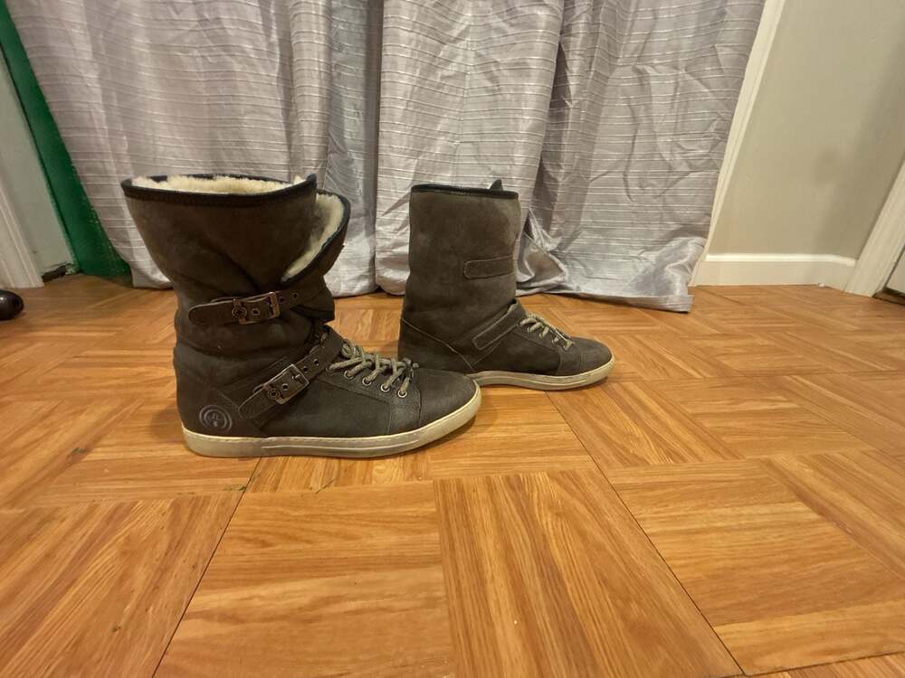 Gino-B Kitzbuhel Suede Shearling Lined Buckle Wedge High-Top Boots Gray